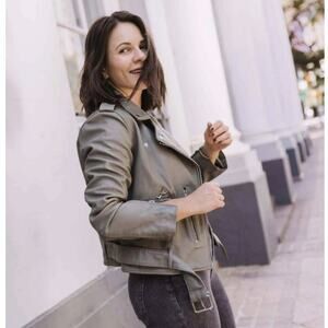 Jakett New York Leather Biker Moto Jacket Asymmetrical Zip Cargo Pocket Brown